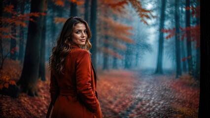 Fototapeta premium Woman in red coat stands in autumn forest, surrounded by vibrant orange and red foliage, with misty trees creating a serene atmosphere in the background