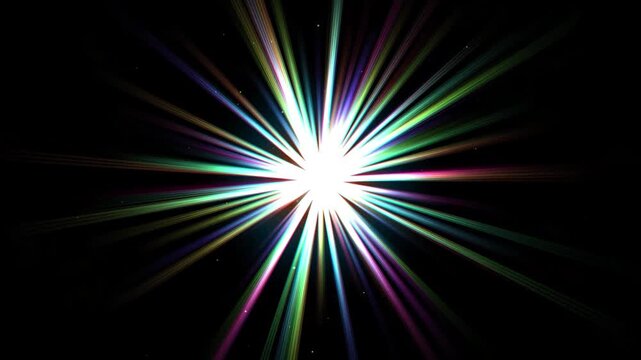 Vibrant radial light burst explosion colorful spectrum rays emanating from bright center on black background abstract energy flare glowing effect