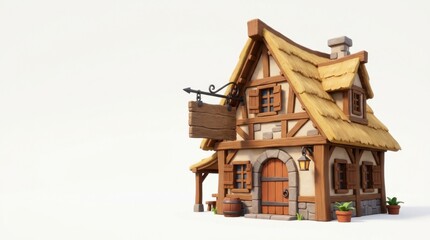 Obraz premium 3D render of a stylized medieval tavern cottage with a thatched roof, half-timbered wooden beams, stone foundation, hanging blank sign, and window shutters on a white background.