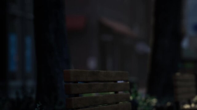 Raindrops softly tap on the wooden bench as twilight descends in a peaceful park. Soft lights illuminate the surrounding trees while a gentle breeze rustles through the leaves.