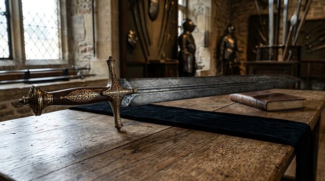 Ornate medieval sword resting on a wooden table in an armory