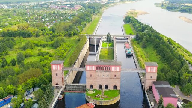 Rybinsk, Russia. The system locks Rybinsk reservoir. Drone footage