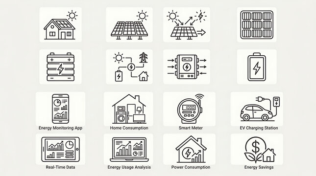 Set of Linear Icons Representing Sustainable Energy Systems and Modern Residential Power Monitoring Solutions for Efficient Utility Management