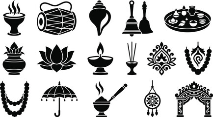 Naklejka premium Set of black icons representing traditional indian festival and culture objects
