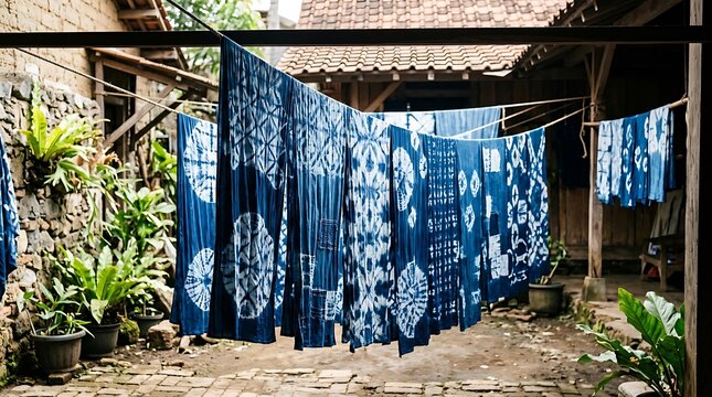 Traditional indigo dyed textiles hanging to dry in a village yard