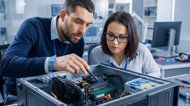 Professional computer technician and female colleague focused on fixing circuit board hardware with concentrated expression