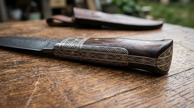 Handcrafted hunting knife with ornate wooden handle on rustic table