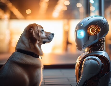 a curious dog stares at a futuristic robot against a backdrop of warm glowing lights