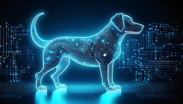 a glowing neon dog silhouette with circuit like patterns symbolizing artificial intelligence and technology against a dark digital background