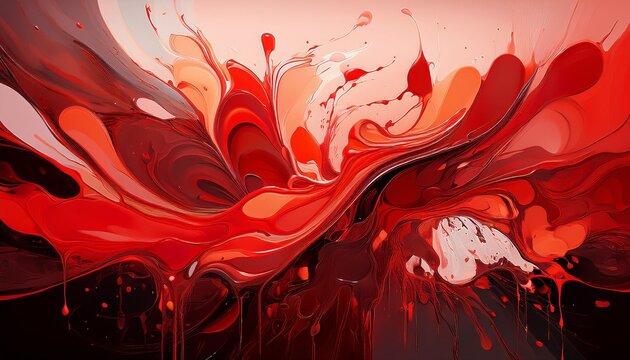 a visceral abstract composition with dynamic red hues evoking passion and intensity splatters and drips intermingle