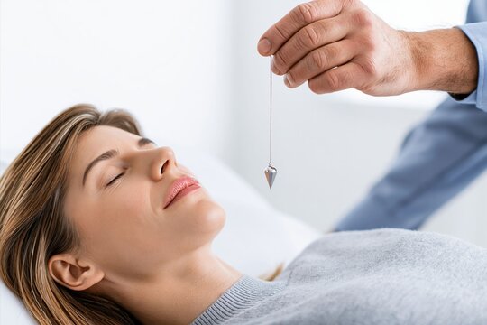 Woman lies on white medical table during hypnotherapy session receiving psychic healing from the doctor while a pendulum swings in the air