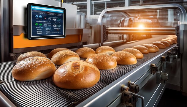 advanced food production digital quality control of freshly baked bread rolls on conveyor belt