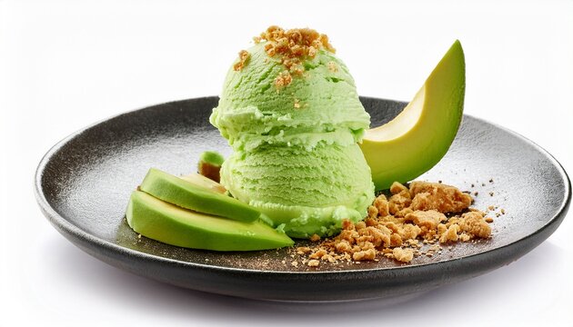 avocado ice cream dessert with crumbs and fresh slices isolated on white background