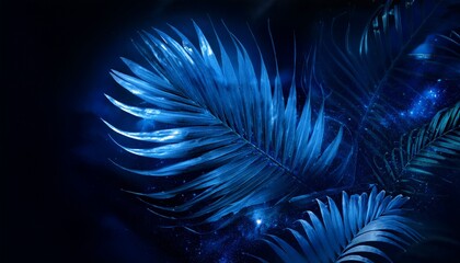 Fototapeta premium blue toned exotic tropical leaves composition blended with cosmic space background surreal artistic double exposure style