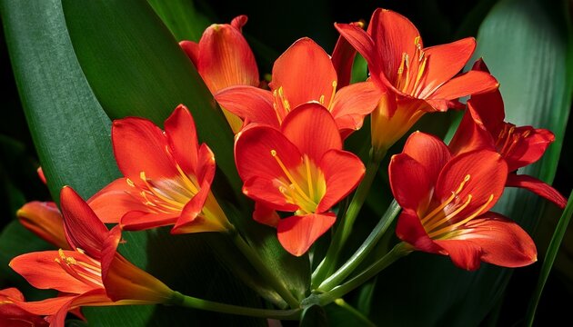 blooming trumpet shaped red flowers clivia nobilis or green tipped forest lily with leaves