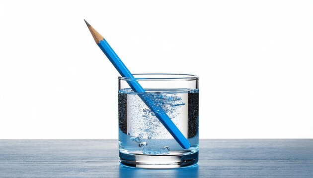 blue pencil floating in glass of water isolated on white background