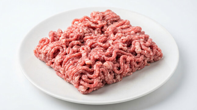 Raw ground meat mix on a white plate ready for cooking in the kitchen isolated on white background