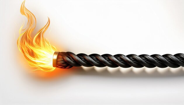 braided black fuse cord burning with a glowing fiery tip isolated on white background generative ai
