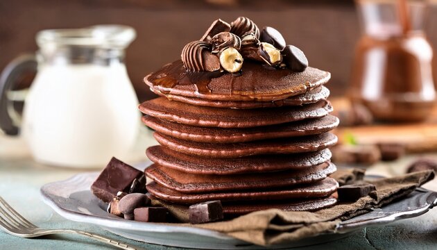 chocolate pancakes stacked high sweet treat