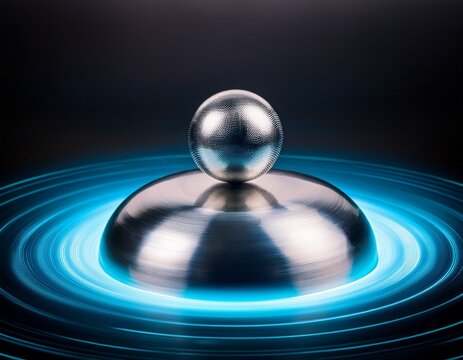 chrome plated metallic bocce ball hovering on glowing circular base