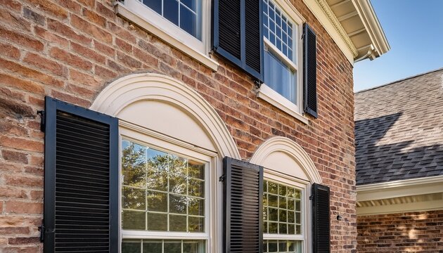 classic brick house exterior featuring a black double hung vinyl window with six panes decorative shutters and a subtle arched limestone window header
