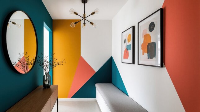 Modern entryway with geometric wall art in teal and mustard yellow. Contemporary hallway features a bench, console table, and round mirror. Minimalist home decor.