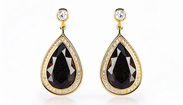 elegant gold teardrop black crystal halo dangle drop earrings isolated on white