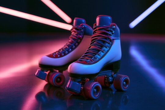 Pair of roller skates on a reflective surface with neon lighting