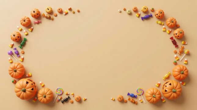 Halloween pumpkins and candy lollipops arrangement on neutral background illustration