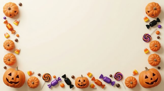 Colorful halloween pumpkins and candy border design with playful faces illustration