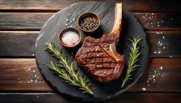 grilled black angus beef tomahawk steak on bone served with salt pepper and rosemary on round slate cutting board over dark wooden plank kitchen table generative ai