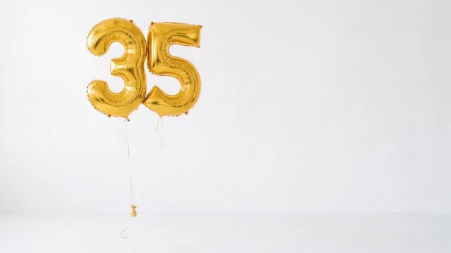 Gold number 35 foil balloons floating on a clean white background with copy space, festive decoration for 35th birthday, anniversary, milestone and celebration concepts.