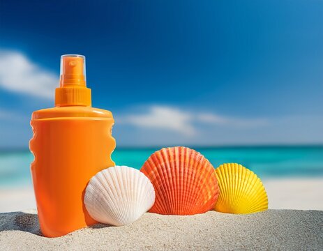 orange sunscreen spray bottle with colorful scallop seashells on sandy beach against turquoise ocean
