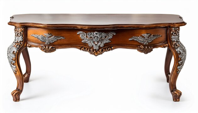 ornate antique wooden side table with silver details isolated on a white background