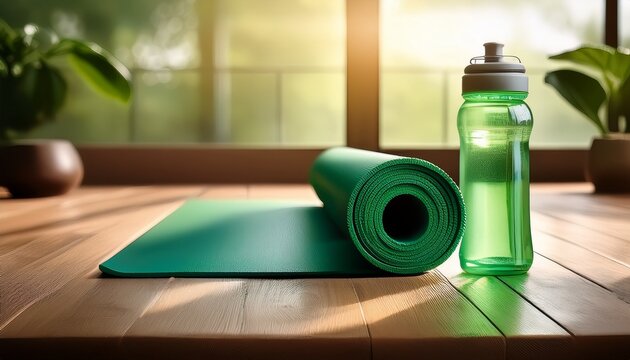 rolled green yoga mat on rustic wooden floor with dumbbell and water bottle for home fitness