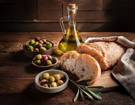 rustic italian cuisine composition with bread olives and olive oil on wooden table warm gourmet lighting style