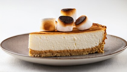 Fototapeta premium slice of s mores cheesecake topped with toasted marshmallows on a white background