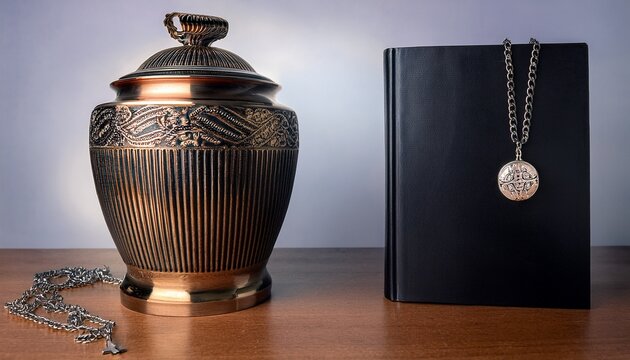 solemn memorial urn accompanied by a locket and bound journal honoring a cherished memory and commemorating a life well lived