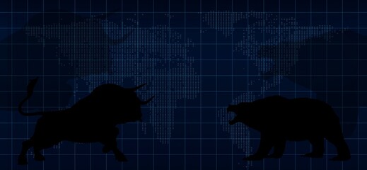 Dark Blue Bull and Bear Silhouettes over World Map Global Trading Concept 3D Illustration © Aruvia
