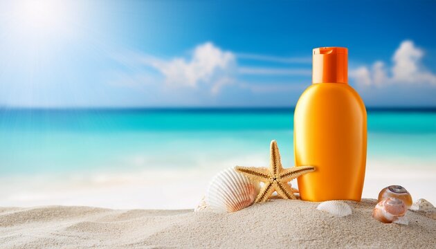 sunscreen lotion bottle with seashells on tropical beach sand against blue ocean background