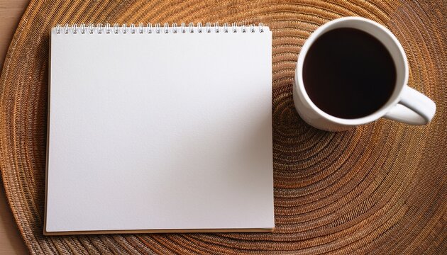white notepad copy space on a rafia placemat top view blank copy space sheet of paper next to a coffee mug minimalistic workplace lifestyle mock up home office simple life background