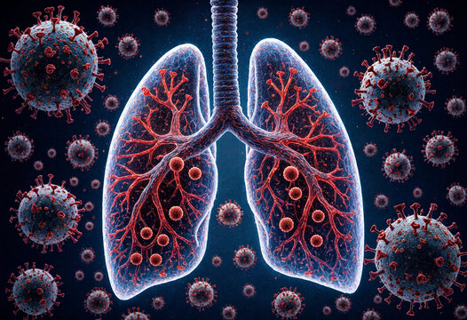 A detailed three dimensional artistic visualization of a human respiratory system being attacked by numerous microscopic coronavirus particles causing widespread infection and disease within the lungs
