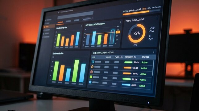 Trial data monitoring dashboard displaying enrollment progress across multiple sites