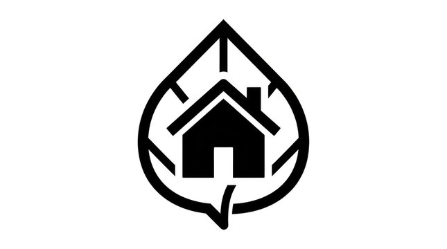 Eco-friendly house logo design featuring a sustainable home symbol integrated inside a green leaf silhouette for environmental architecture concept