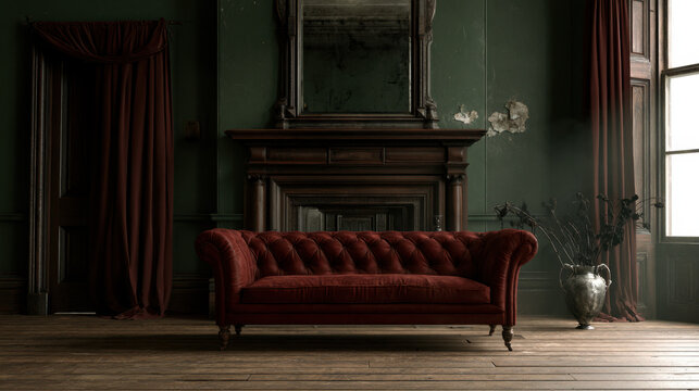 Faded victorian drawing room with burgundy velvet sofa, antique fireplace and dark green walls illuminated by soft window light