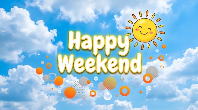 Happy weekend text message with a cartoon sun icon against a blue cloudy sky