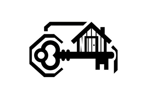 Black and white graphic of an antique key with a house silhouette forming the bit of the key, representing real estate or home ownership