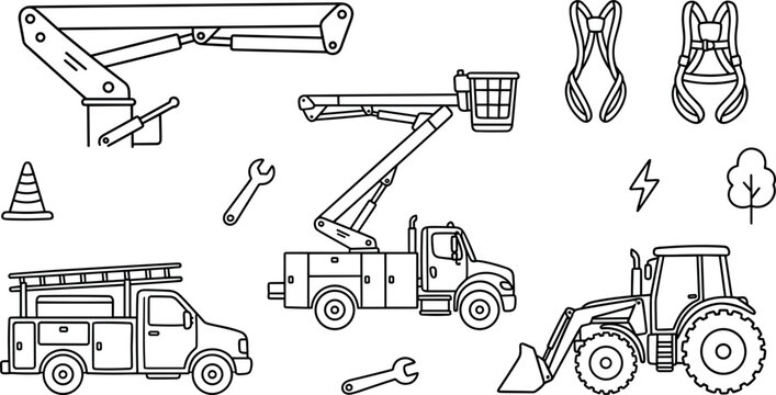 Utility Construction Vehicles and Maintenance Equipment Line Icon Vector Set Featuring Cherry Picker Tractor Ladder Truck and Safety Harness for Coloring Pages