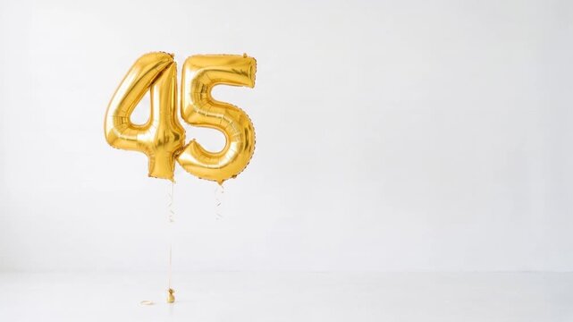 Gold number 45 foil balloons floating on a clean white background with copy space, festive decoration for 45th birthday, anniversary, milestone and celebration concepts.