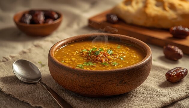 Bowl of hot lentil soup with herbs on rustic table with bread and dates. Traditional ramadan iftar meal concept. Warm homemade vegetarian food photography for menu recipe and healthy eating.